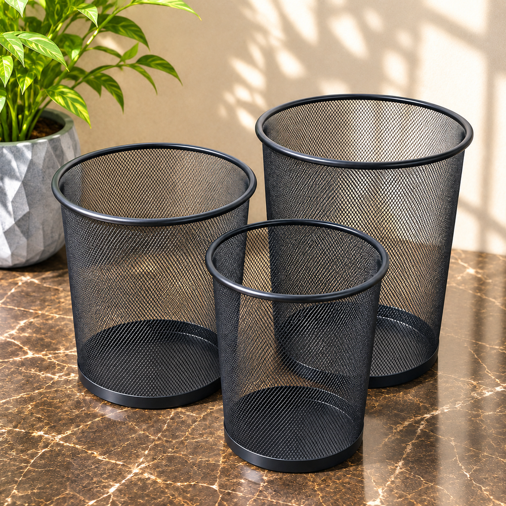 Black Metal Mesh Wire Round Dustbin