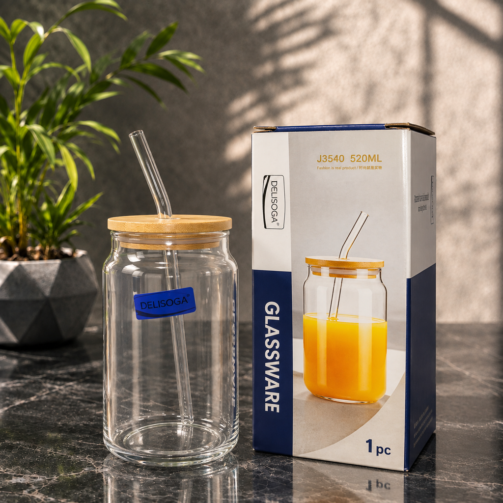 Delisoga 520ml Clear Glass Coffee Mug with Bamboo Lid & Straw