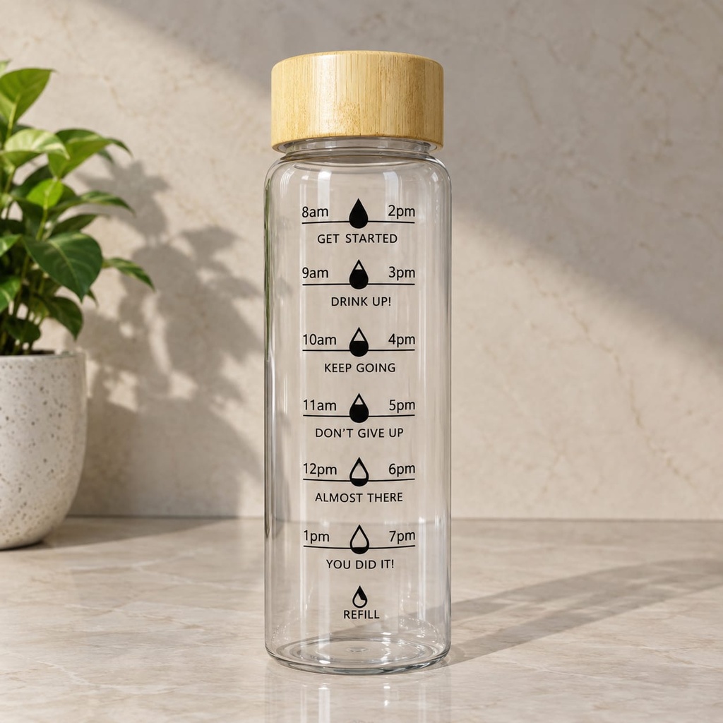 Motivational Glass Water Bottle with Time Markers & Bamboo Lid